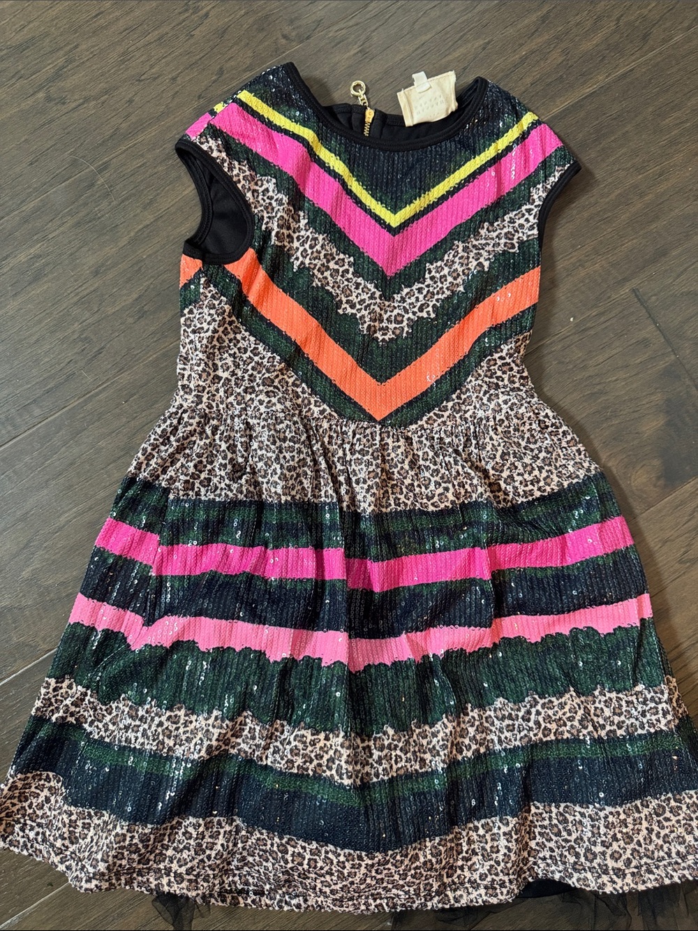 Hannah Banana Pink, Orange, Green & Black Sequin Leopard-Stripe Dress